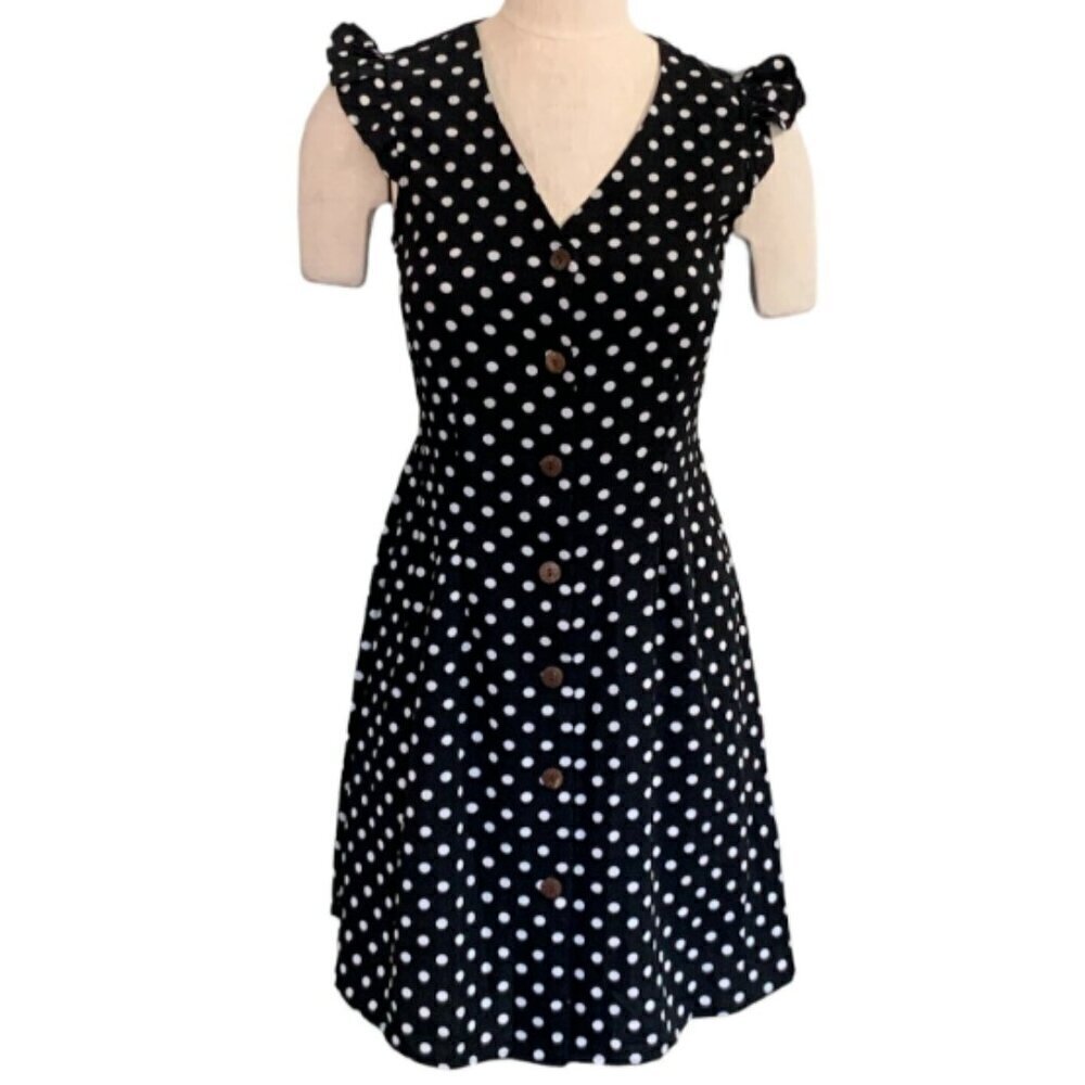 Monteau Sleeveless Polka Dot Dress Black & White Button Front Sz S #353A